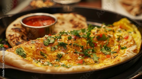 A diner savoring a delicious Indian-style masala omelette served with naan bread