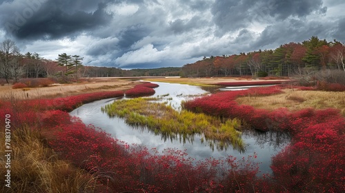 Curving cranberry bog and dramatic cloudscape on Cape Cod in the winter rain. Vibrant green riverbank, red cranberry plants, and autumn forest, blue lake and brooks in Mashpee, Massachusetts, USA. photo
