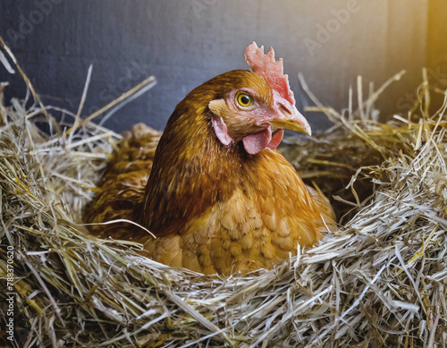 hen sitting in her straw nest in a chicken koop AI