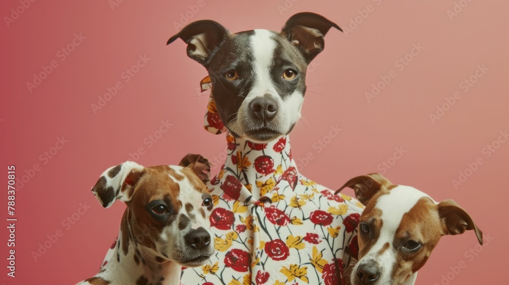 Cute dog wearing floral dress posing with three dogs in front of pink background