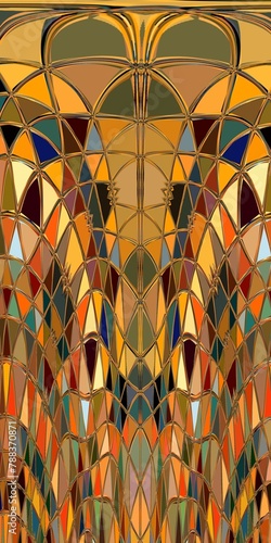 stained glass window pattern and design in many bright colours tall and thin format