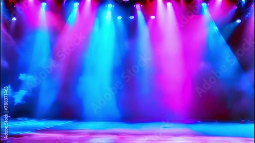 tage Lights Display, Colorful Beams Illuminate Dark Venue, Perfect for Events, Concerts, and Performances photo