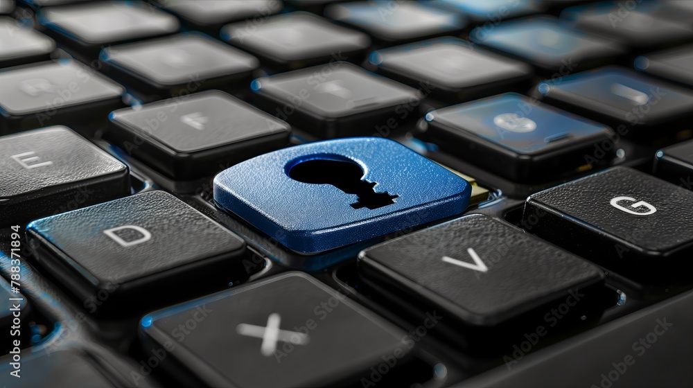 A close-up of a keyboard with a keycap featuring a lock symbol, set against a dark blue background. A close-up of a keyboard with a keycap featuring a lock symbol, set against a dark blue background.