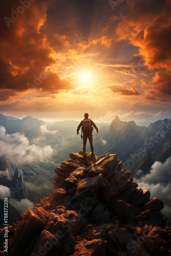 A hiker standing triumphantly on a mountain summit, capturing the spirit of adventure and accomplishment in outdoor exploration.