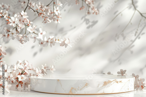 3D Rendering of calm environment interior marble wall and stand flowers. Empty podium for product displaying. AI Generative. 