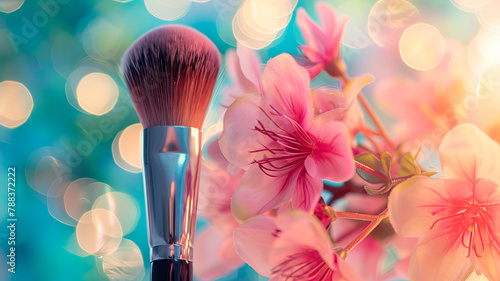 makeup brush on a background of flowers. selective focus.