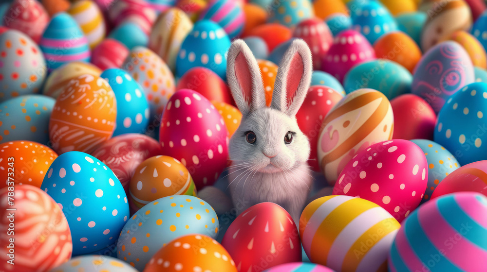 Celebrate Easter in style with this charming image of a bunny surrounded by colorful Easter eggs, inspired by the vibrant theme of Monument Valley. Joyful festivities come to life. AI generative.
