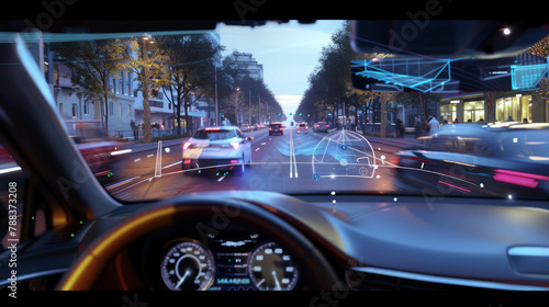 Explore the future of automotive safety with this hyper-realistic depiction of a vehicle equipped with a heads-up display for collision avoidance.AI generative. photo