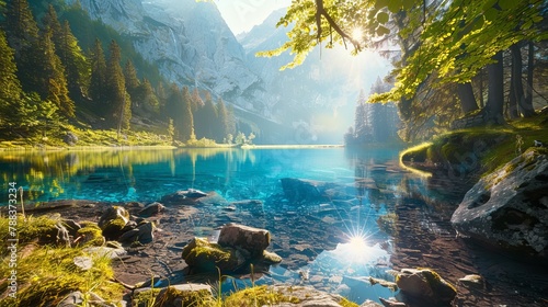 Great view of the azure pond Obersee glowing by sunlight. Popular tourist attraction. Picturesque and gorgeous scene. Location famous place Nafels, Mt. Brunnelistock, Swiss alps, Europe. Beauty world. photo