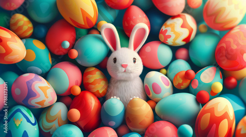 Step into a whimsical Easter wonderland with this cute bunny and vibrant Easter eggs, styled after the iconic Monument Valley game. Celebrate the season with joy and color. AI generative. photo