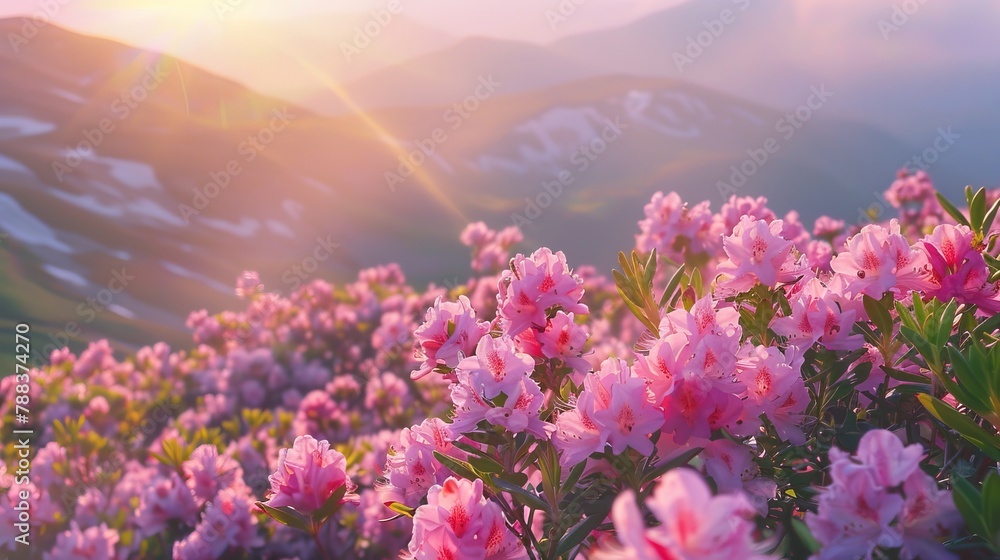 Magic pink rhododendron flowers on summer mountain Magic pink rhododendron flowers on summer mountain
