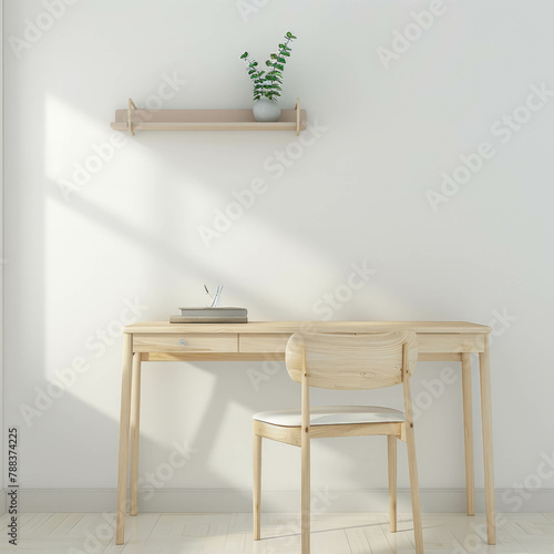Capture the essence of minimalistic interior design with this close-up of a clean wooden desk and chair in a kids' room, against a white wall. Unlock AI generative potentials. photo