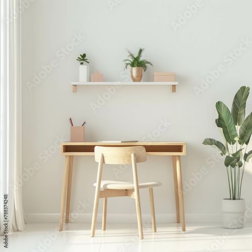 Immerse yourself in the aesthetic simplicity of a wooden desk with a chair in a kids' room, featuring a clean desk and a pastel shelf. Explore AI generative enhancements. photo