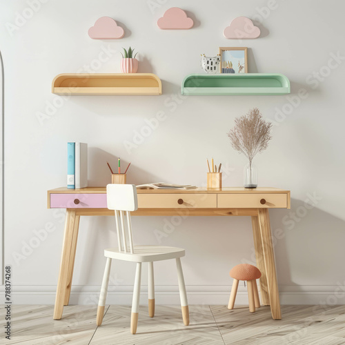 Transform your designs with this high-resolution image showcasing a wooden desk and chair in a kids' room, with a focus on minimalistic interior design. Explore AI generative possibilities. photo