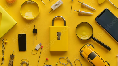 Security with a yellow lock on a yellow surface, surrounded by objects like a battery, magnifying glass, smartphone, wireless headphones, toy car, and pins on a yellow background. AI generative. photo