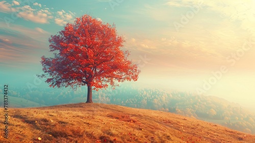 Majestic beech tree on a hill. Dramatic morning scene. Red and yellow leaves. Beauty world. Retro and vintage style. Instagram toning effect. Flip canvas vertical. Double exposure effect. © Nijat