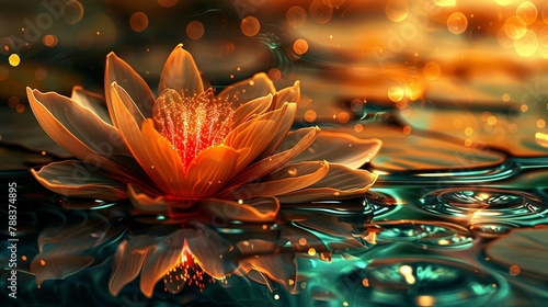 Magic flower on water with neon shining.