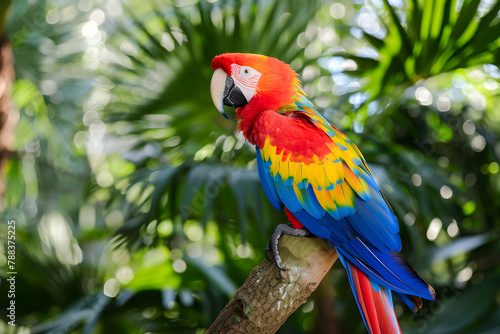 A vibrant parrot with colorful feathers, isolated on a tropical rainforest green background, embodying freedom and diversity