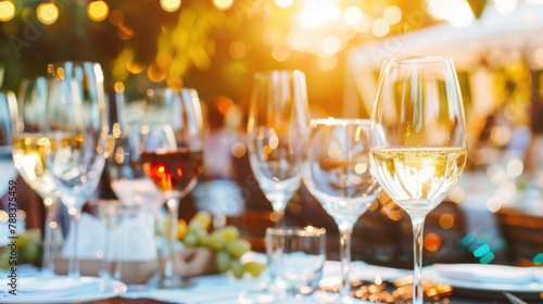 Wine tasting event on summer patio, warm sunny weather