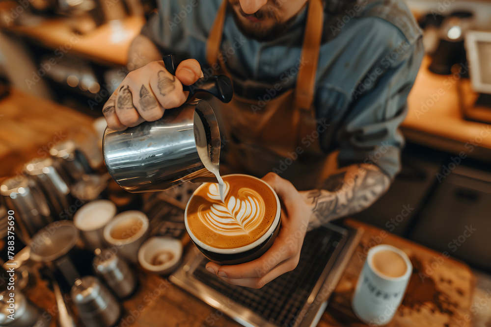 A barista crafting latte art, focused and precise, isolated on a creamy espresso brown background, celebrating coffee culture  - obrazy, fototapety, plakaty 