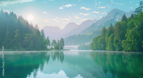 Beautiful morning view of the serene turquoise lake