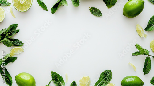 Flat lay template, frame with peppermint and limes on white background, Mojito cocktail concept