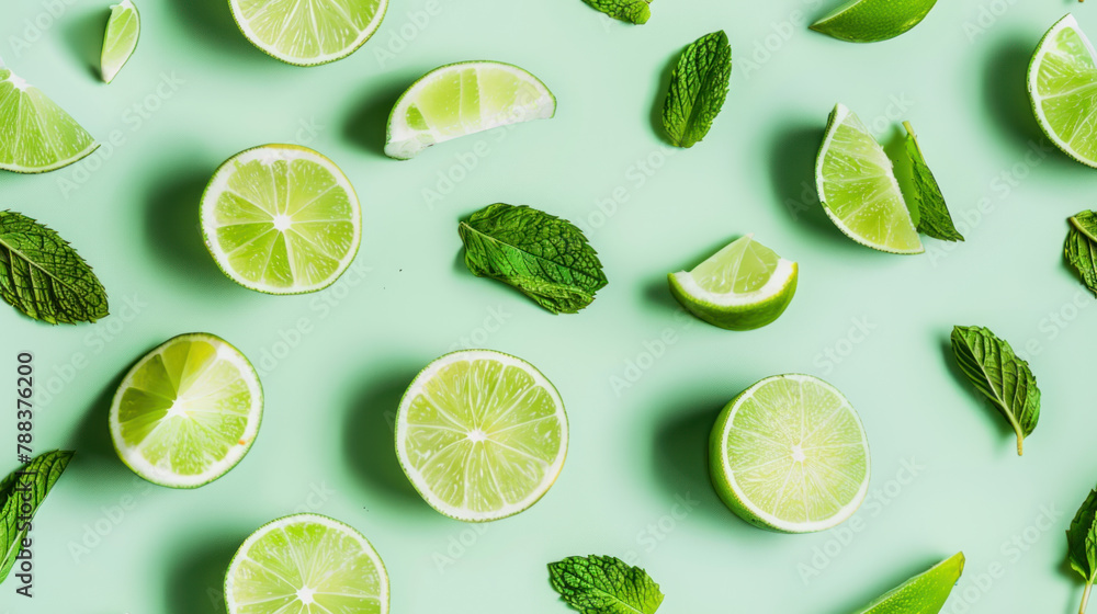 Seamless flat lay background with limes and mint on light green background Seamless flat lay background with limes and mint on light green background