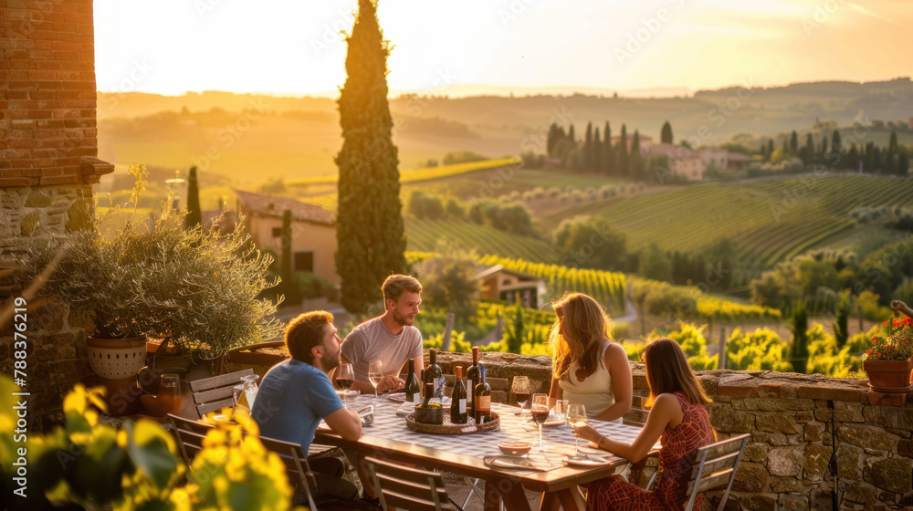Obraz premium People having dinner and talking at the vineyard, summer scene