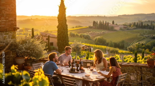 People having dinner and talking at the vineyard, summer scene