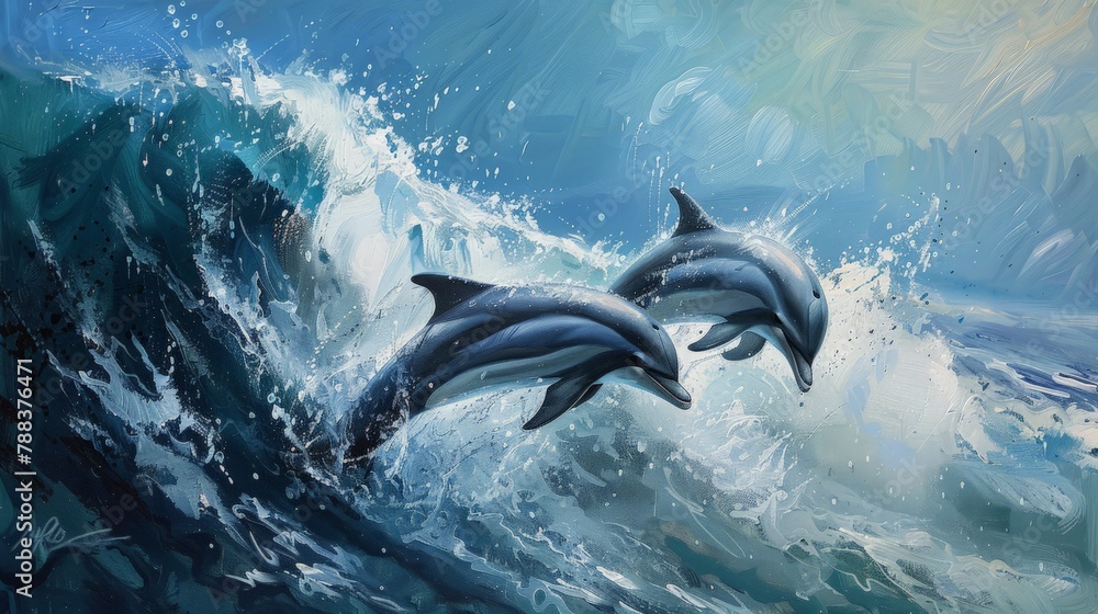 Fototapeta premium Graceful dolphins leaping joyfully through sparkling ocean waves, conveying the beauty of marine life