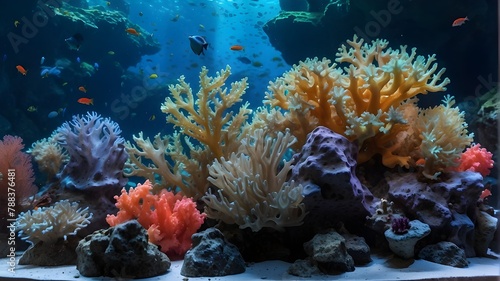 marine aquarium corals. Under the environment of the deep, dark sea, there is reef color and flower-shaped sea living coral. © Malik