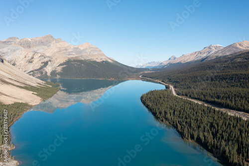 Aerial view of Bow Lake and the reflection of Mount Jimmy Simpson
