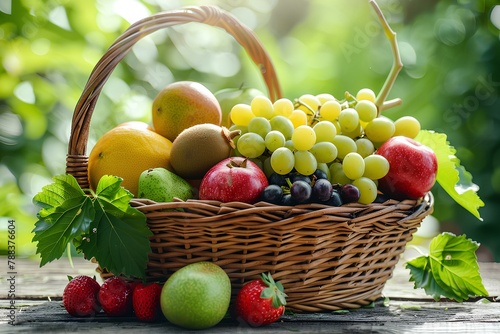 A basket of fruit sitting on top of a wooden table