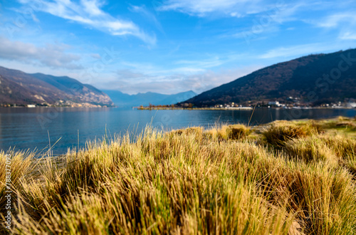 Trimmed dry grass on the shore of a lake with mountains in the background. Focus on grass near water