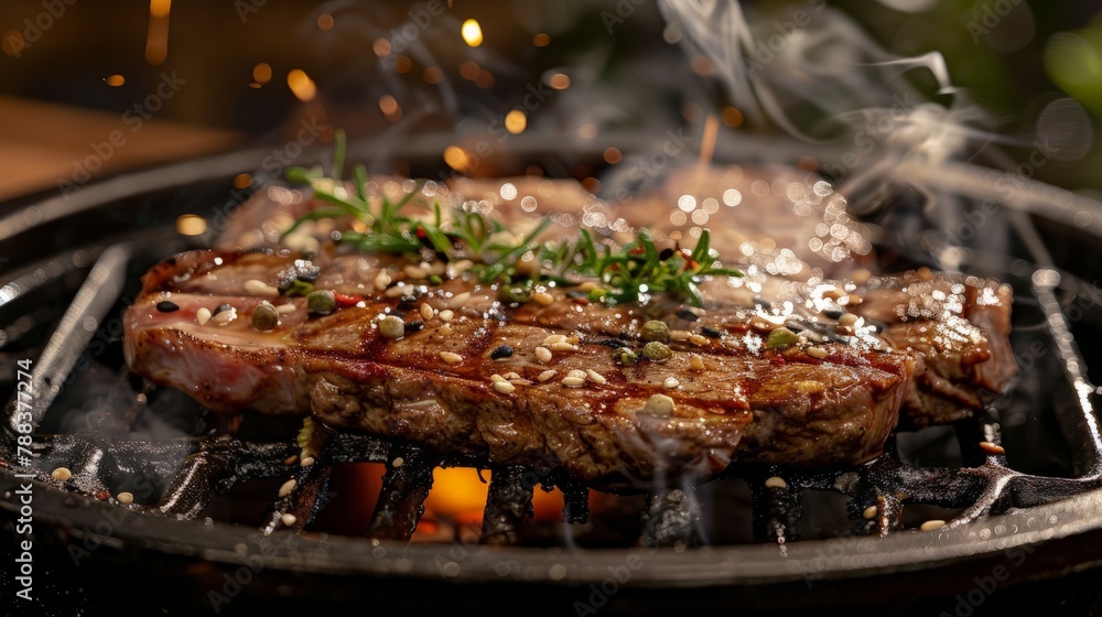 Juicy pork steak sizzling on a hot grill, emitting savory aromas