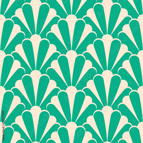 Art Deco green stripped scallop motifs. Elegant green floral seamless pattern for interior decor, home decor, packaging, textiles.