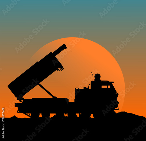 Vektor Silhouette Flugabwehr - Raketensystem - Feuerleitstand zur Abwehr von Raketen, Drohnen, Flugzeugen, Marschflugkörpern und ballistischen Raketen - Militär Raketenwerfer
