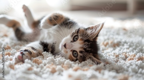 kitten playfully rolling around in a pile of clean, fresh kitty litter photo