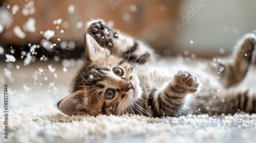 kitten playfully rolling around in a pile of clean, fresh kitty litter photo