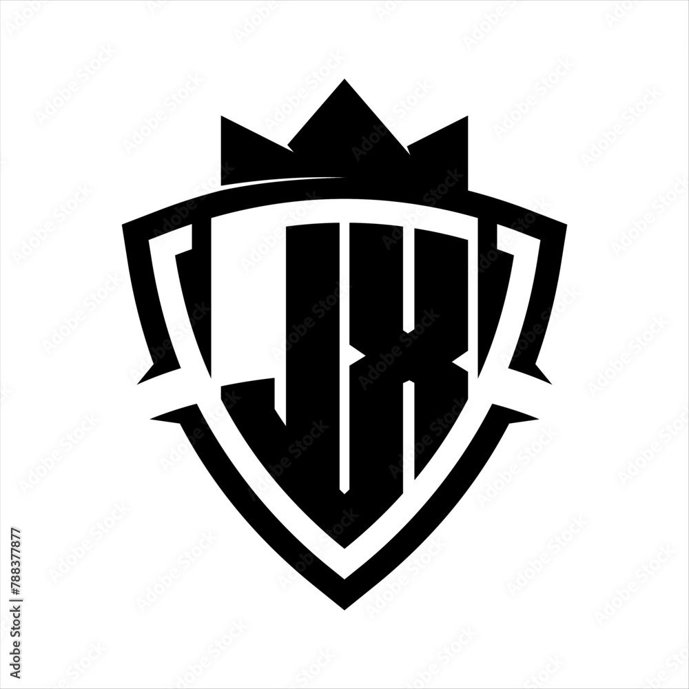JX Letter bold monogram triangle curve shield shape with crown black and white background color design JX Letter bold monogram triangle curve shield shape with crown black and white background color design