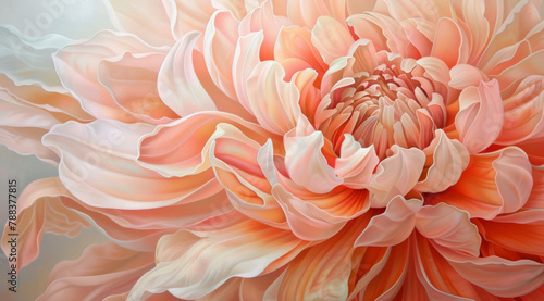 Blossom, orange and peony in painting for art, decor and texture on canvas for color, beauty and nature. Flower, floral and delicate and fresh for interior, design and home in spring with zoom