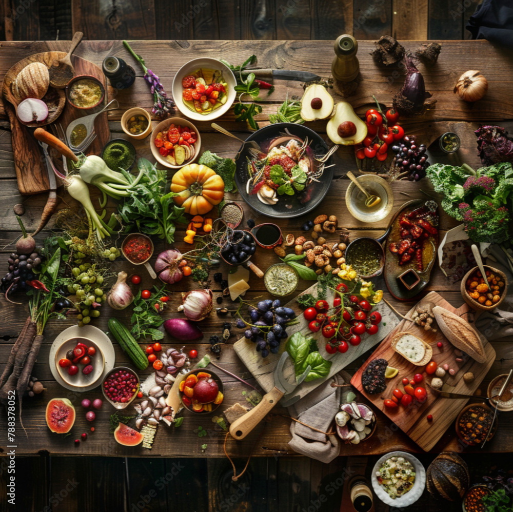 Food photography, Overhead view of a wooden table one fifths filled with an array of fresh vegetables, bread and simple dishes, no people, the richness of colors and organic Food photography, Overhead view of a wooden table one fifths filled with an array of fresh vegetables, bread and simple dishes, no people, the richness of colors and organic