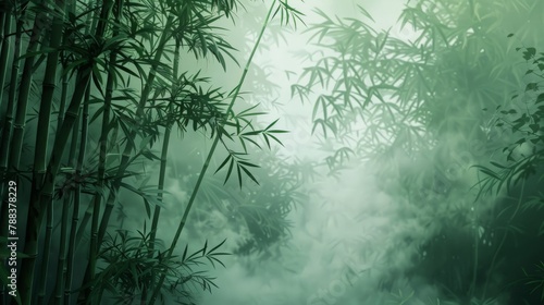 Mystical fog rolling through dense bamboo thickets, creating an ethereal atmosphere in the forest