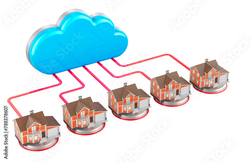 Computer cloud with houses. Internet connection concept. 3D rendering isolated on transparent background