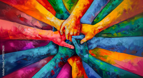 Diverse team support concept of holding hands together. Communication and support of strong diverse network team colourful illustration of empowerment from abuse