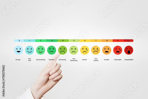 young woman pointing her finger at pain scale or emotional tone scale