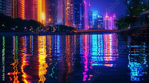 Neon lights casting a colorful reflection on the surface of a calm city river, adding a touch of magic to the waterfront.