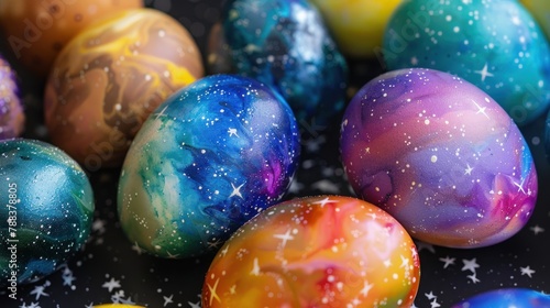 7 easter eggs painted in the colors of space