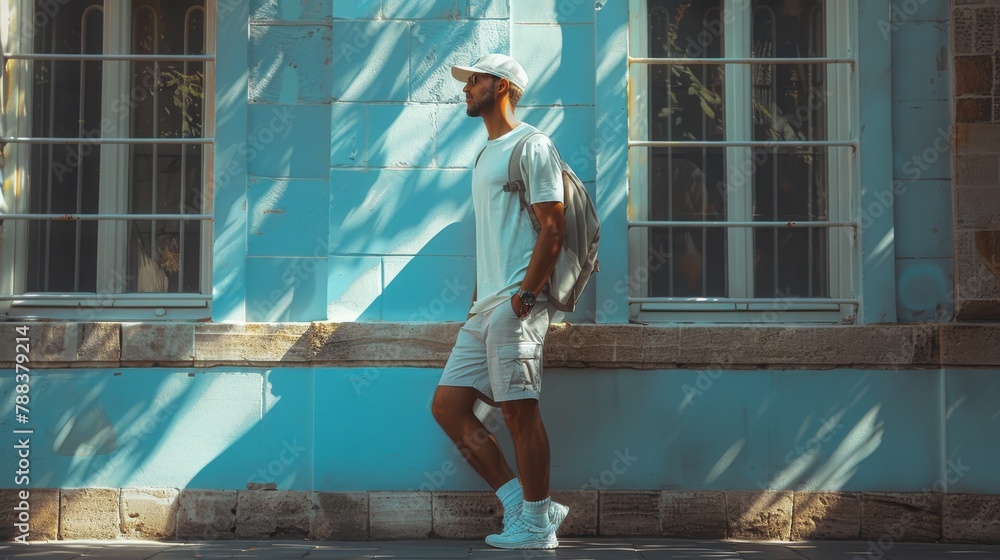 Naklejka premium white guy wearing shorts and a cap at the city