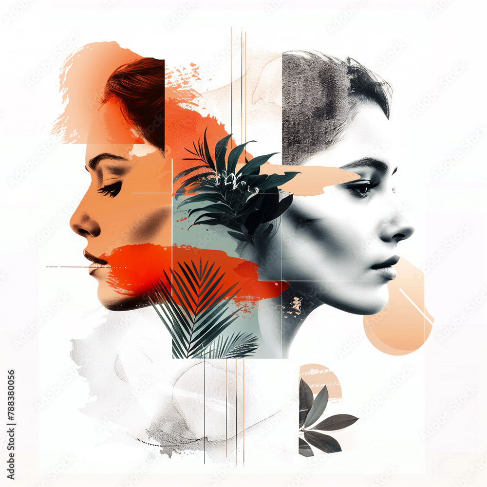 Fototapeta premium Double exposure portrait of beautiful young woman and man combined with tropical leaves.